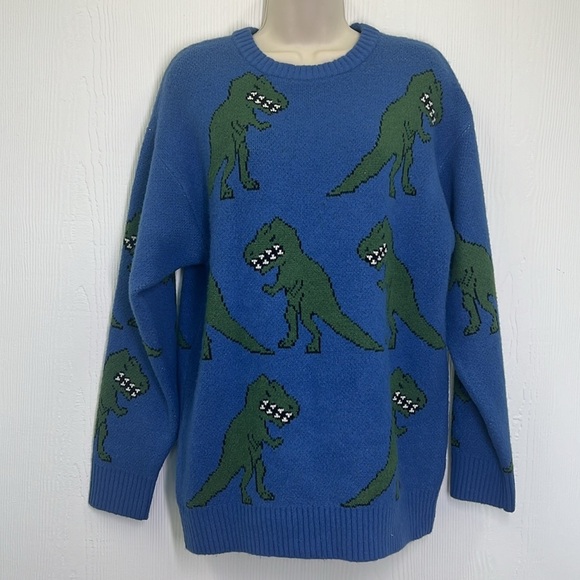Forever 21 - Green T Rex Graphic Blue Crewneck Long Sleeve Sweater Size Small - Picture 3 of 10